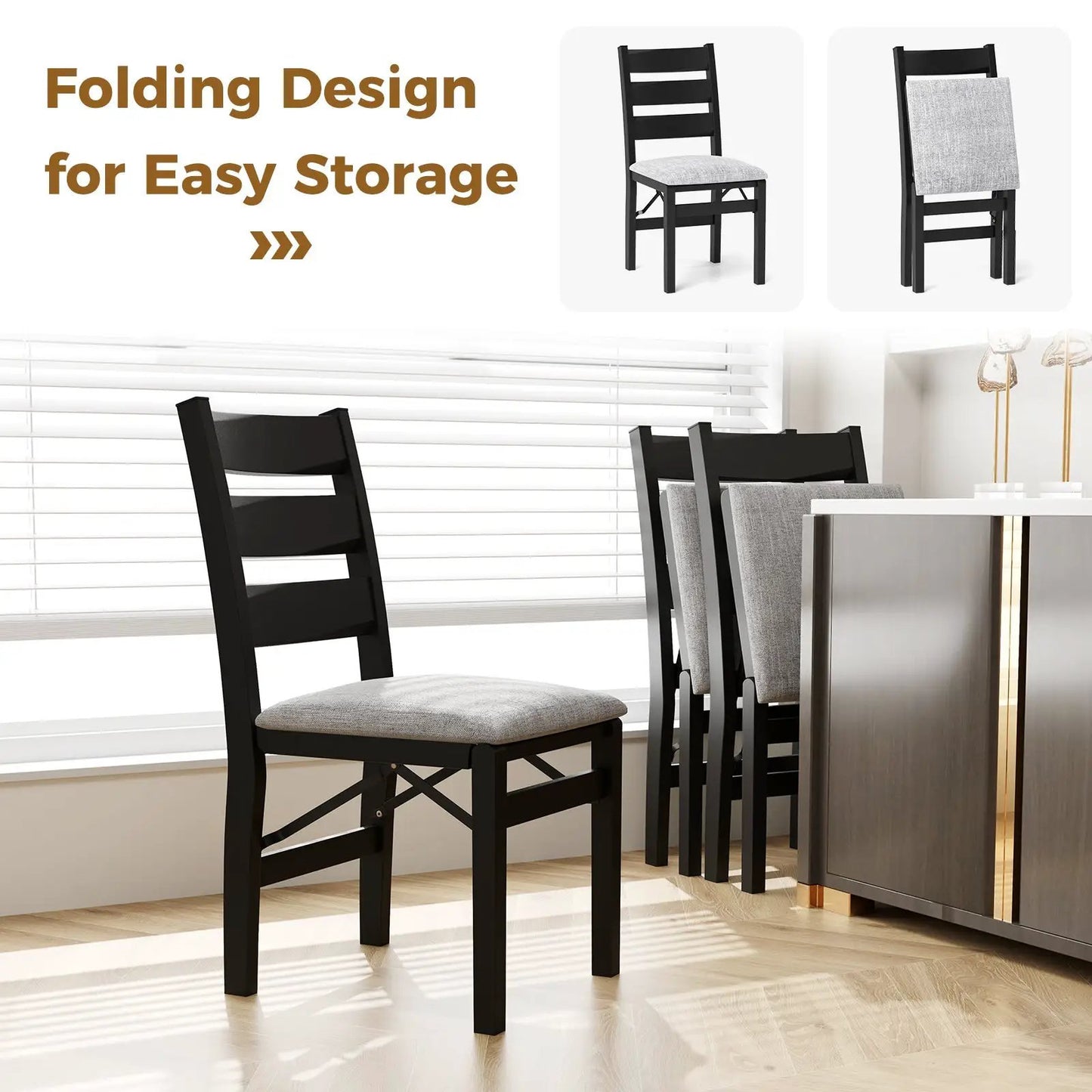 Modern Upholstered Folding Chairs DirectDeals, black wood, gray cushions, set of 2 on Tampa Home & Garden Store
