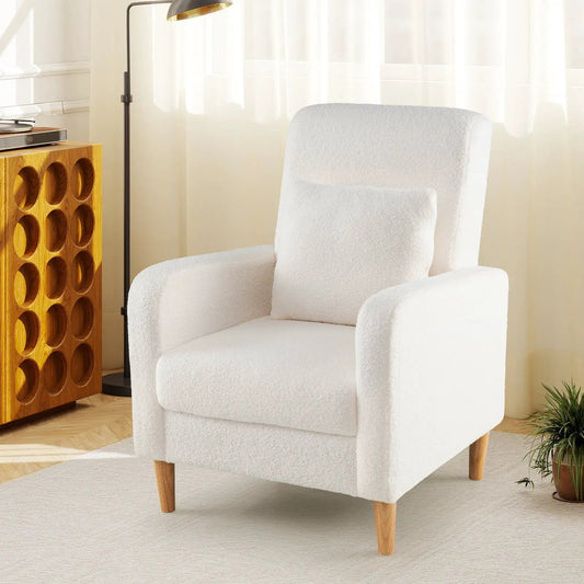 Modern Upholstered Armchair with lumbar pillow, white boucle fabric, wooden legs by DirectDeals on Tampa Home & Garden Store