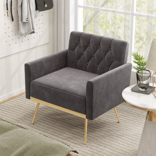 Modern velvet accent chair with button-tufted back, dark gray fabric, gold legs on Tampa Home & Garden Store