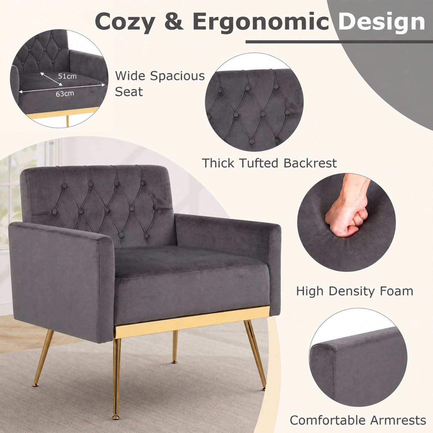 Modern Velvet Upholstered Accent Chair gray with button-tufted back and gold legs DirectDeals on Tampa Home & Garden Store