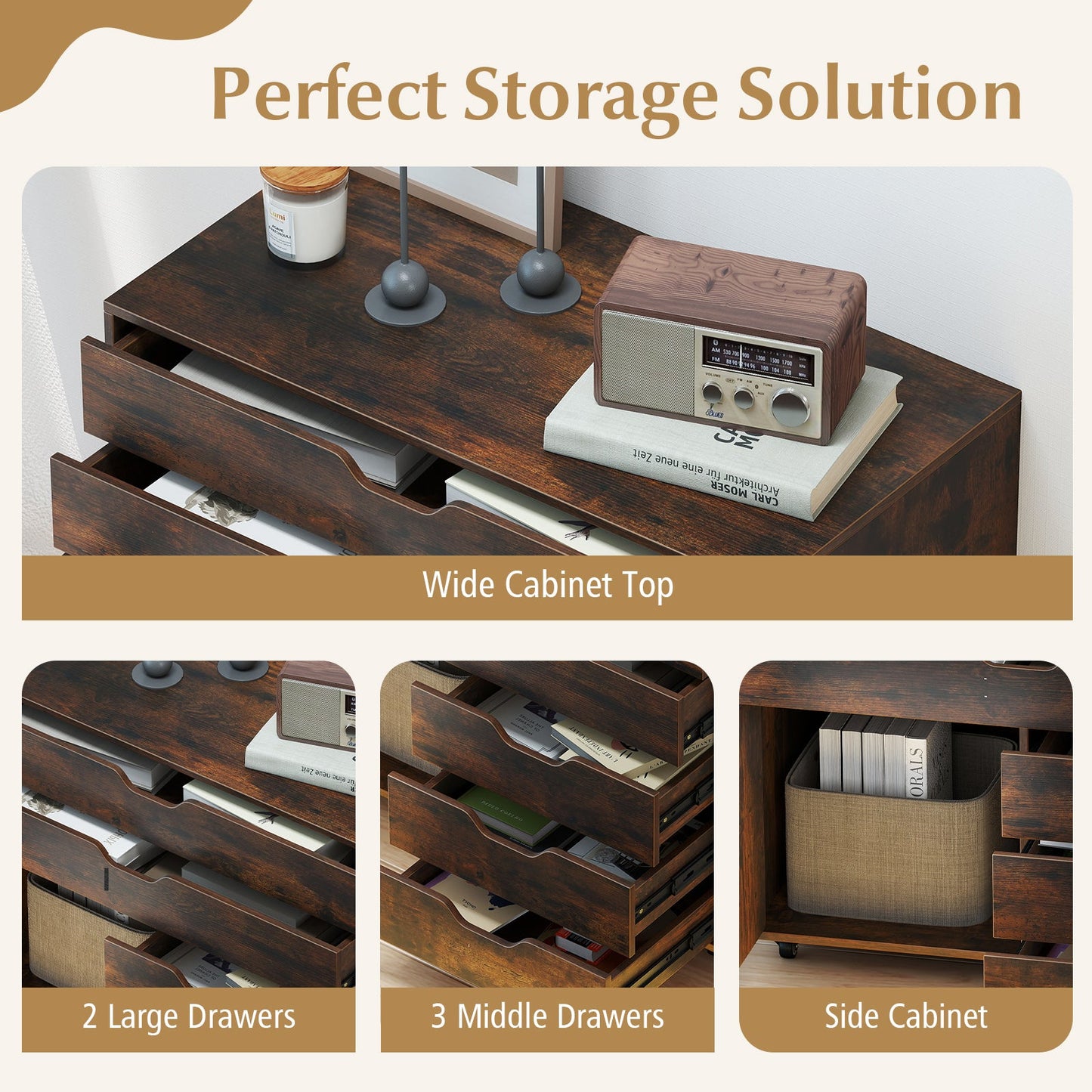 Modern Vertical 5-Drawer Mobile Chest With Door in dark wood finish with open drawers on Tampa Home & Garden Store