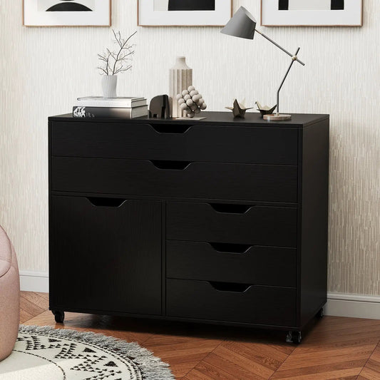 Modern vertical 5-drawer mobile chest with door in black finish on casters DirectDeals on Tampa Home & Garden Store