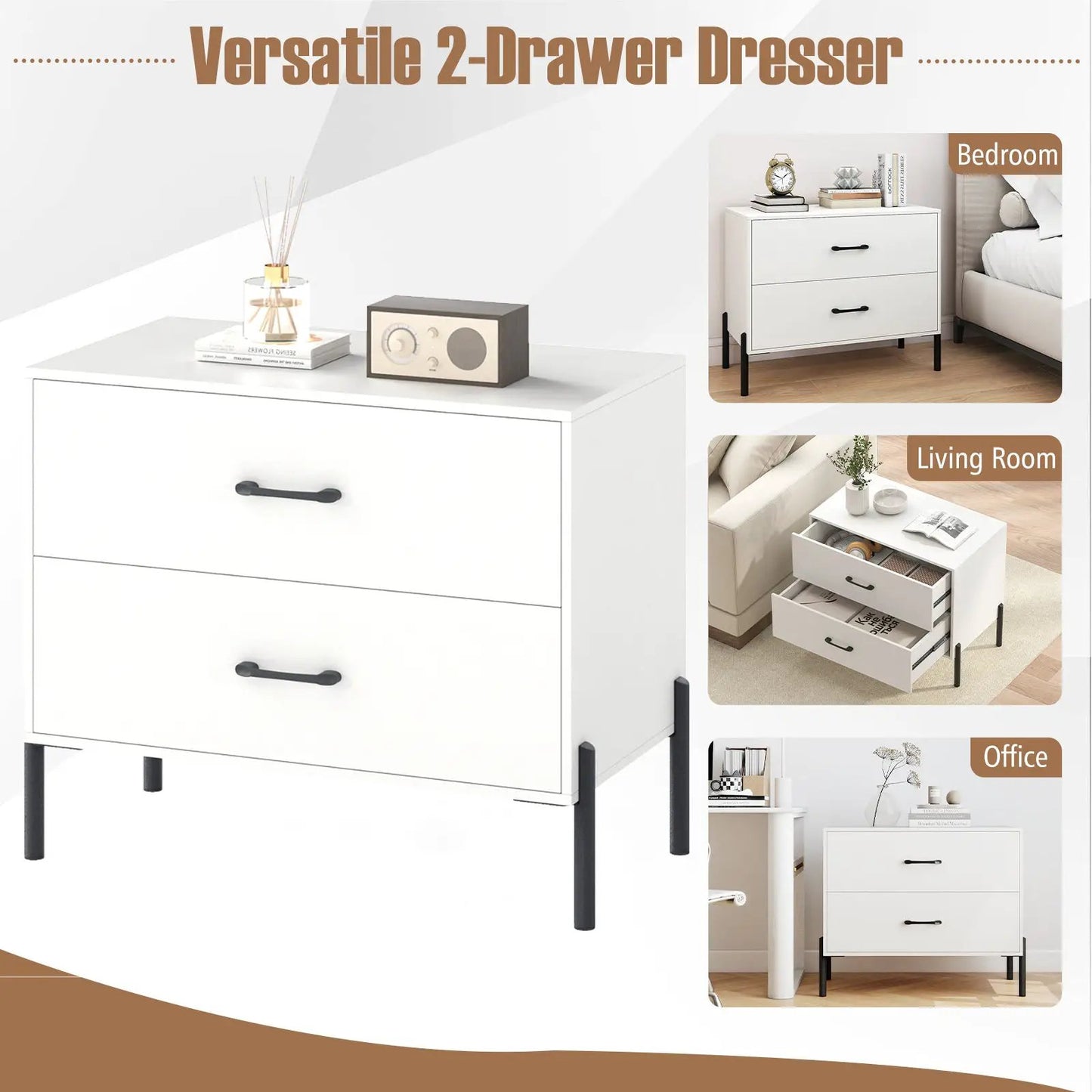 Modern white nightstand with 2 drawers, black metal legs and handles DirectDeals on Tampa Home & Garden Store