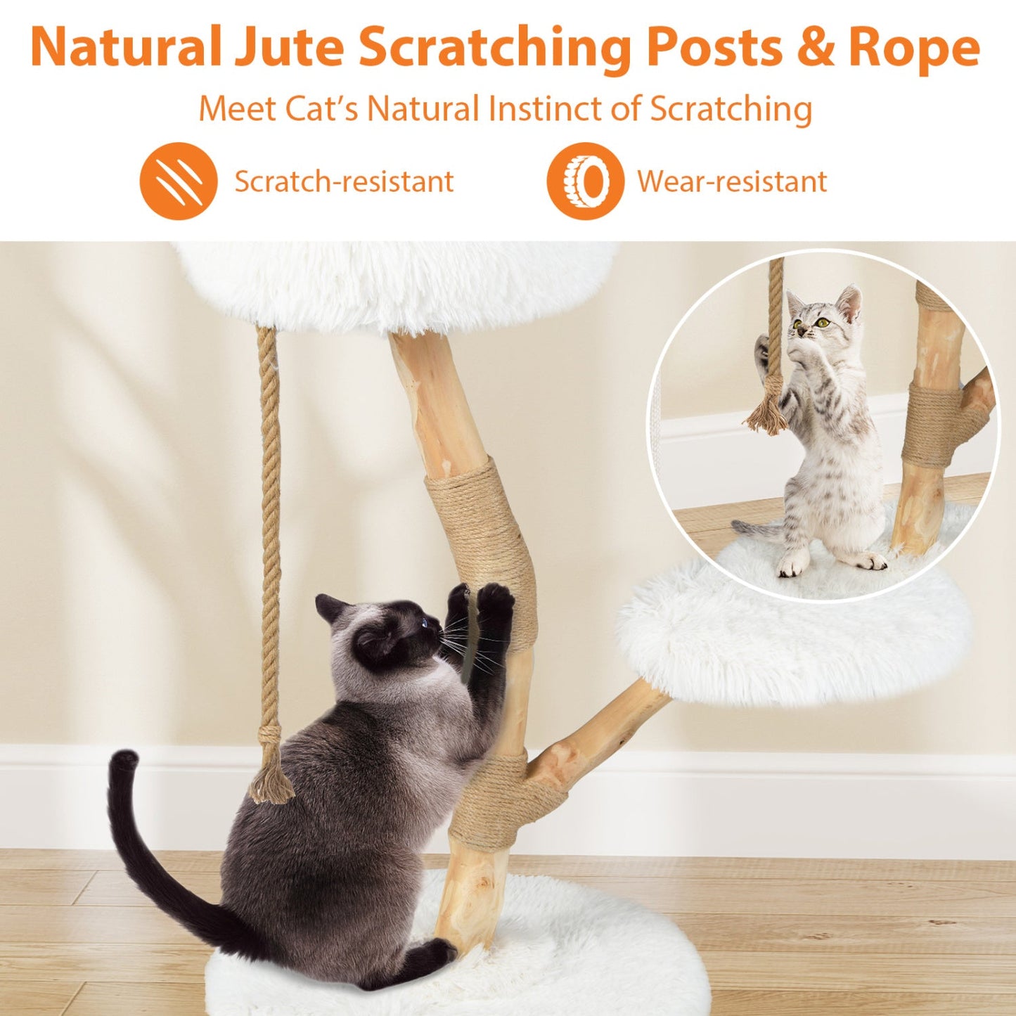 DirectDeals wooden cat tree tower with rope-wrapped posts and perches; two kittens playing on Tampa Home & Garden Store