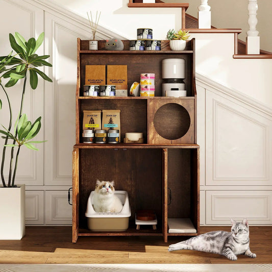 Wooden cat litter box enclosure with shelves and built-in circular cat condo hole brown finish on Tampa Home & Garden Store