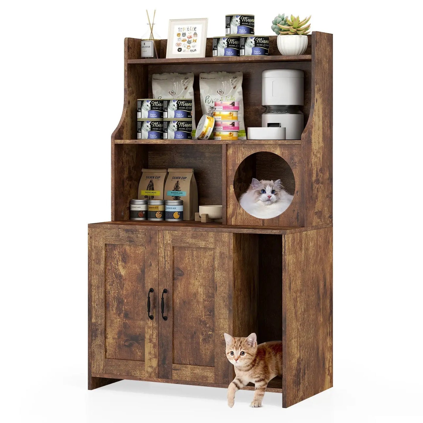 Wooden cat litter box enclosure with shelves in brown finish; two cats visible on Tampa Home & Garden Store
