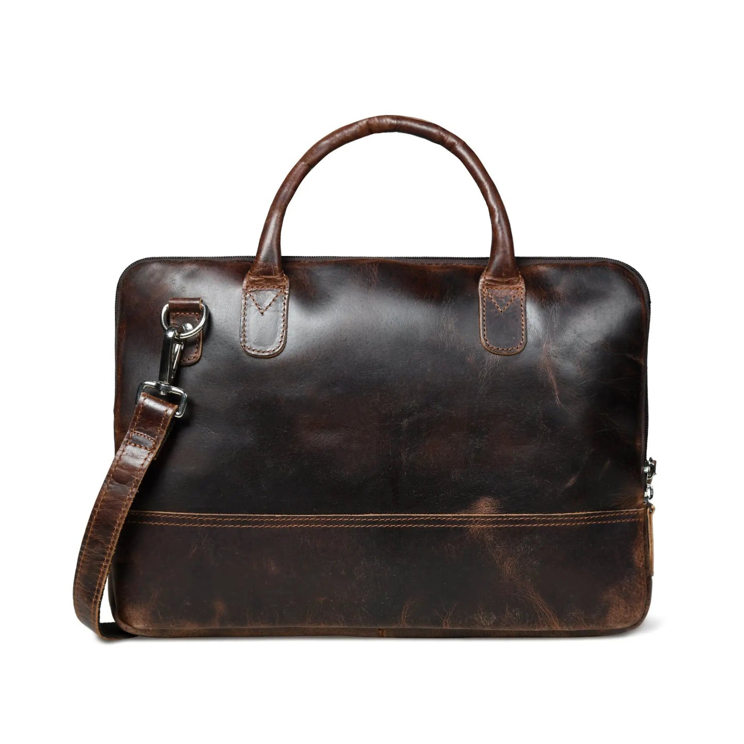 Modernist Leather Laptop Bag dark brown leather briefcase with curved handles and metal hardware on Tampa Home & Garden Store
