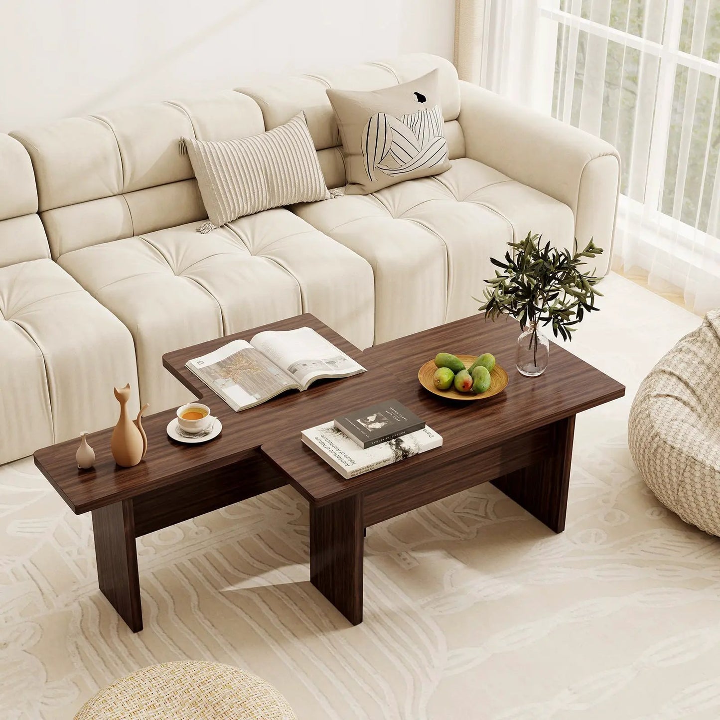 DirectDeals modular L-shaped coffee tables set of 2 in dark walnut wood for living room on Tampa Home & Garden Store