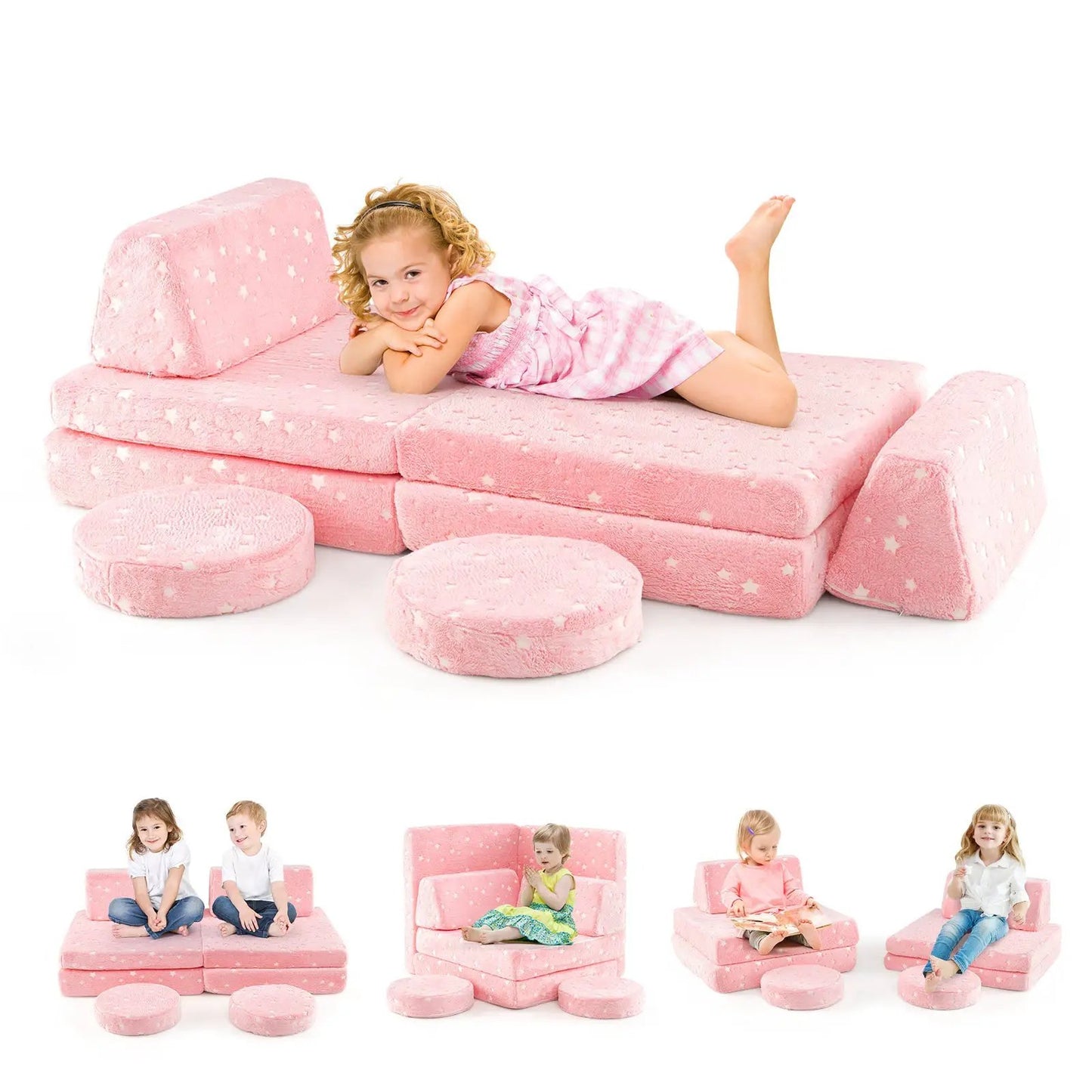 Modular Kids Play Couch Set Glow in the Dark pink sofa modules with star pattern and round ottomans on Tampa Home & Garden Store