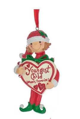 Mom's Favorite Child Ornament Boy First Born by The Country Christmas Loft, heart-sign elf on Tampa Home & Garden Store