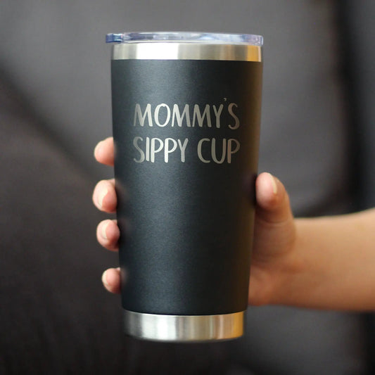 Mommy's Sippy Cup 20 oz coffee tumbler in black matte stainless steel with silver band on Tampa Home & Garden Store