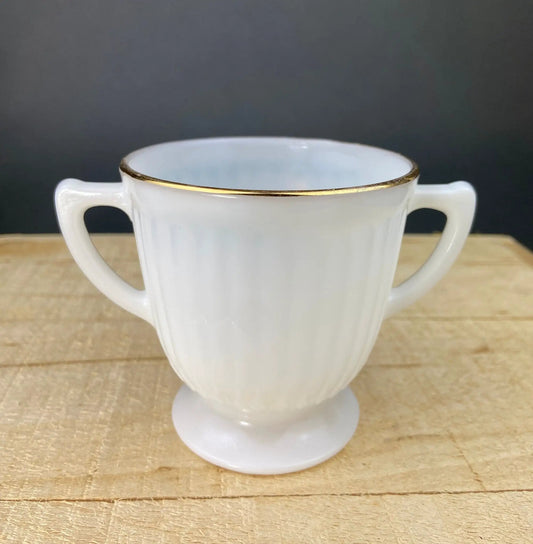 Petalware Opalescent white porcelain sugar bowl with gold rim and dual handles on Tampa Home & Garden Store