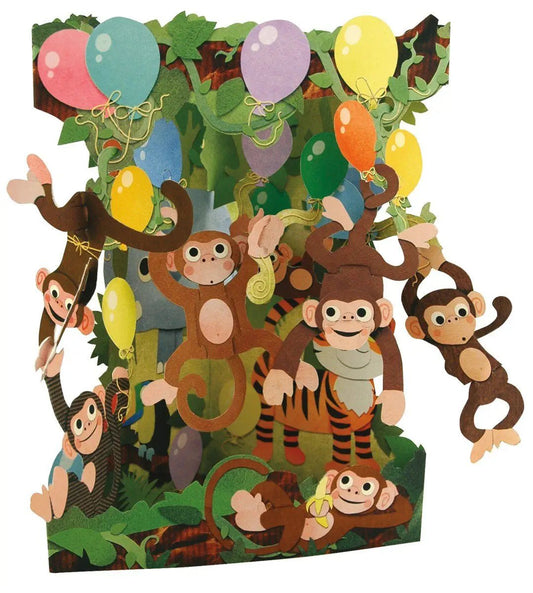 Monkey Party Swing Card with 3D moving parts in a jungle scene with balloons and monkeys on Tampa Home & Garden Store