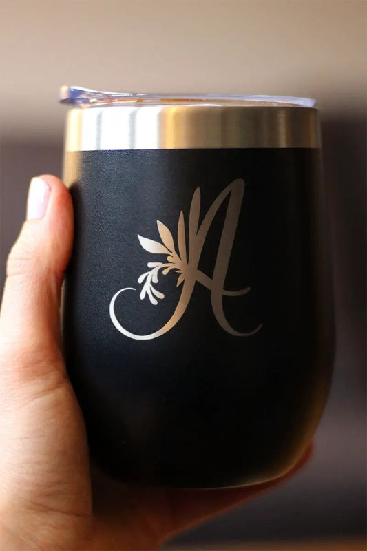 Wine tumbler bevvee Monogram Floral 12oz stemless with sliding lid, black matte with silver A on Tampa Home & Garden Store