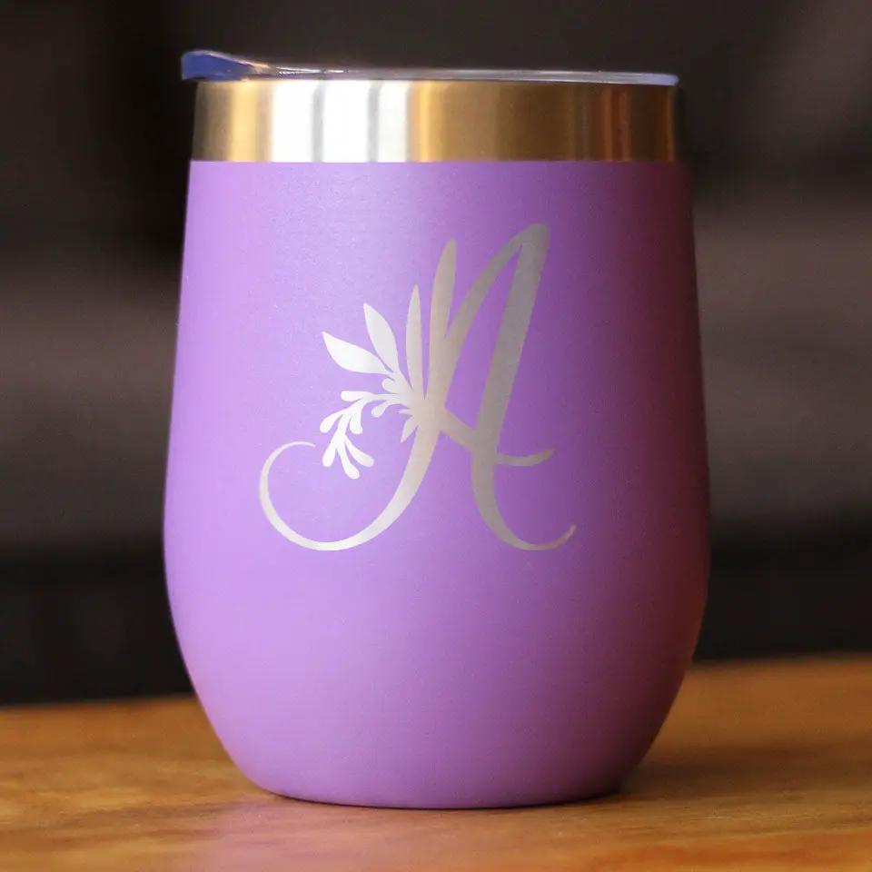 Monogram Floral wine tumbler with sliding lid, 12oz stemless, purple bevvee on Tampa Home & Garden Store