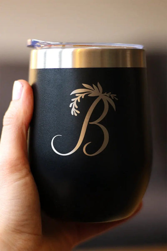 Wine Tumbler bevvee Monogram B Floral 12oz with lid, black matte finish, gold palm monogram B on Tampa Home & Garden Store