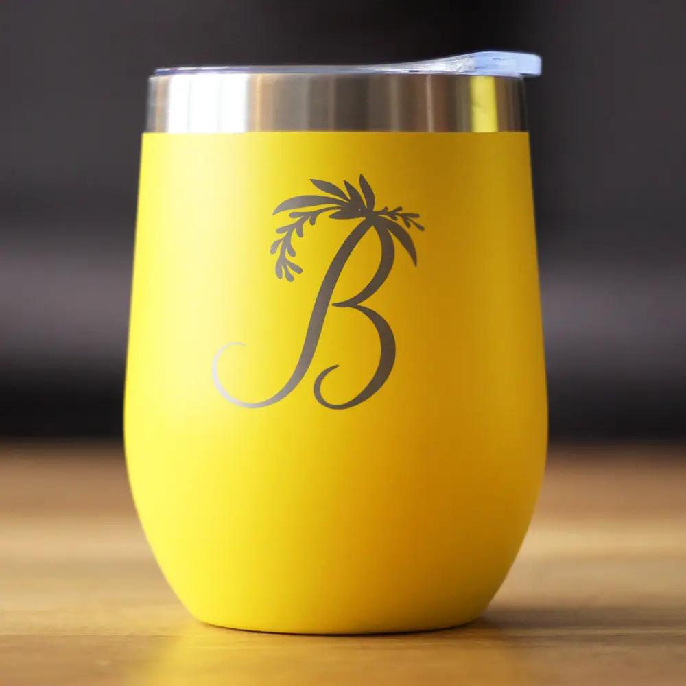 Monogram B Floral wine tumbler 12oz yellow with lid and palm-leaf B design on Tampa Home & Garden Store