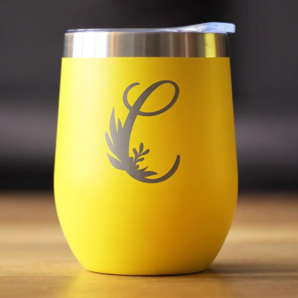 Wine Tumbler bevvee Monogram Floral Initial C, yellow with silver lid on Tampa Home & Garden Store
