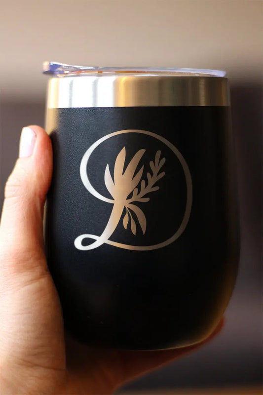 Monogram Floral Initial D wine tumbler, bevvee, black matte finish with silver rim and D logo on Tampa Home & Garden Store