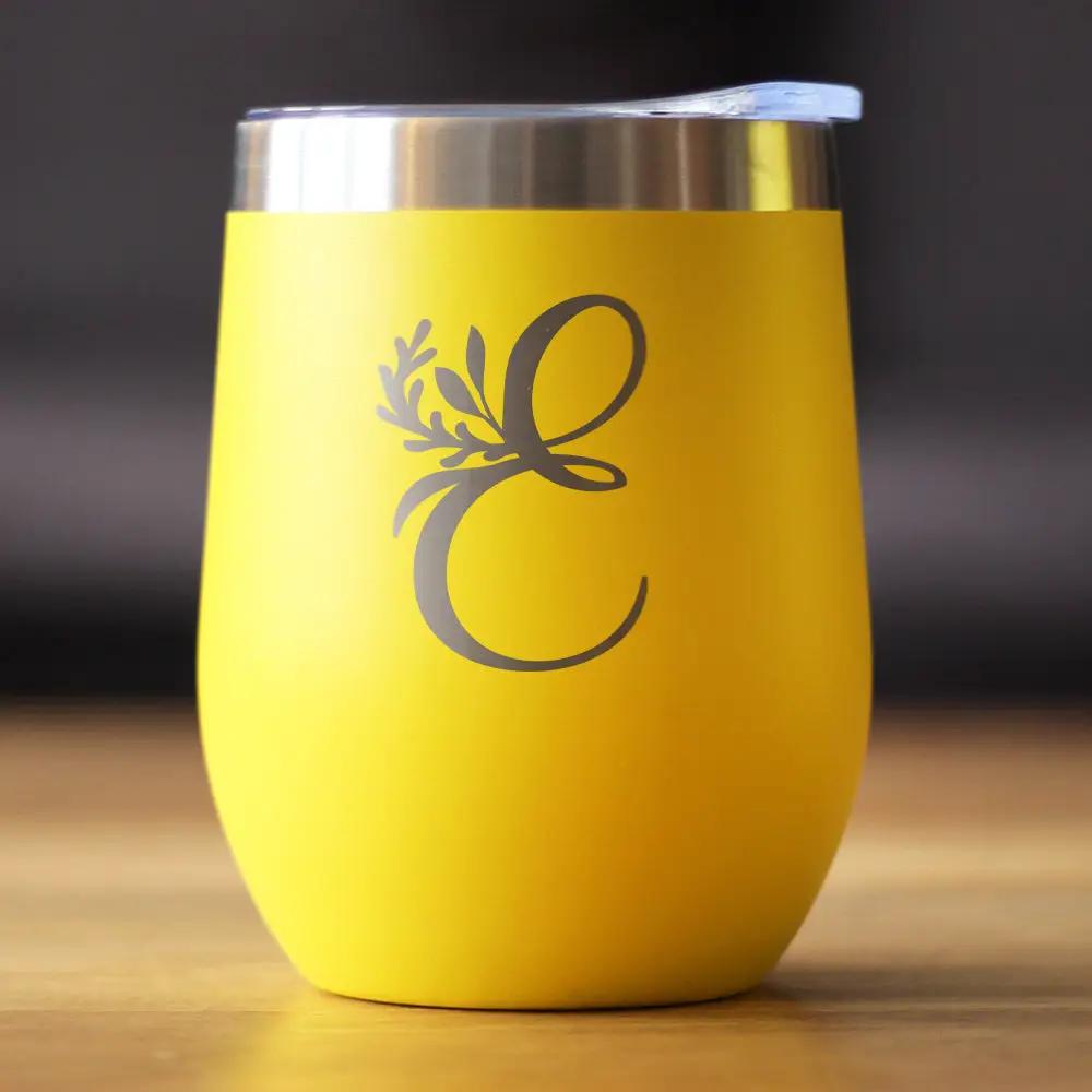 Bevvee Monogram Floral Initial E wine tumbler, yellow with gray floral E monogram, clear lid on Tampa Home & Garden Store