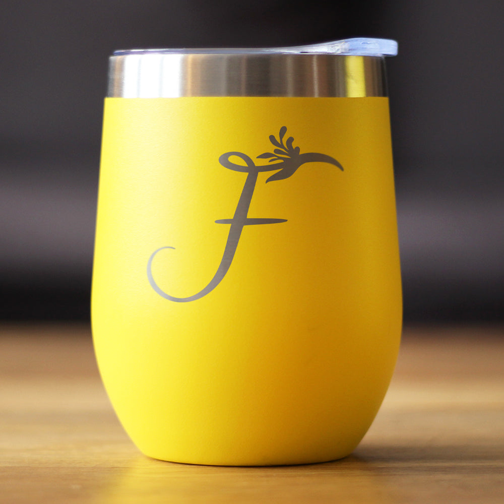 Wine Tumbler bevvee yellow matte finish with monogram floral initial F design on Tampa Home & Garden Store
