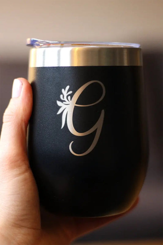 Wine tumbler bevvee Monogram G Floral with sliding lid, black matte finish on Tampa Home & Garden Store