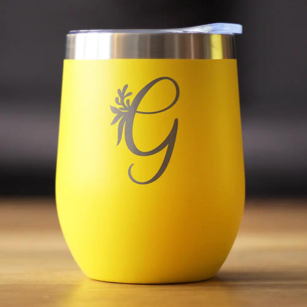 Wine tumbler yellow with sliding lid, monogram G floral design by bevvee on Tampa Home & Garden Store