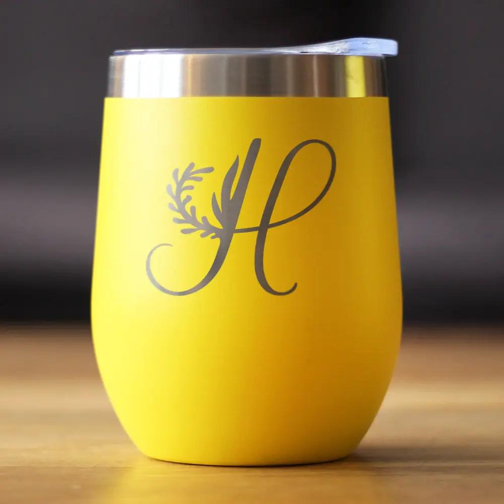 Monogram floral H wine tumbler, yellow 12 oz stemless with metallic rim on Tampa Home & Garden Store