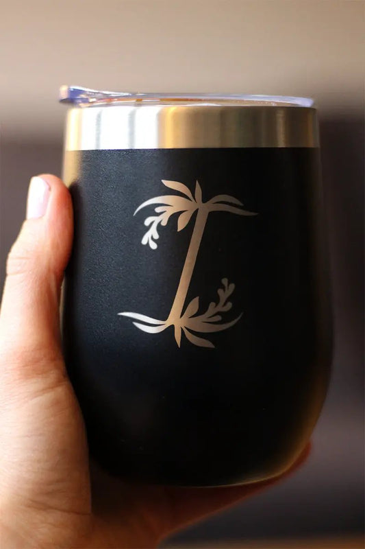 Wine tumbler Monogram Floral Initial I in gold on black matte stainless steel on Tampa Home & Garden Store