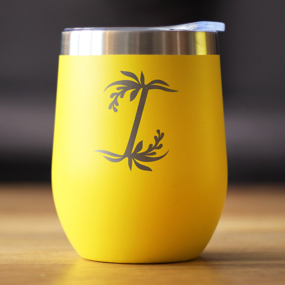 Monogram Floral Initial I wine tumbler yellow with black palm-tree motif bevvee on Tampa Home & Garden Store
