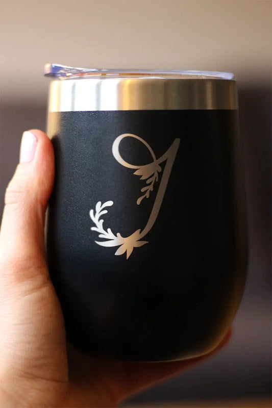 Monogram Floral J Wine Tumbler bevvee, black matte stainless with cream floral J, silver lid on Tampa Home & Garden Store