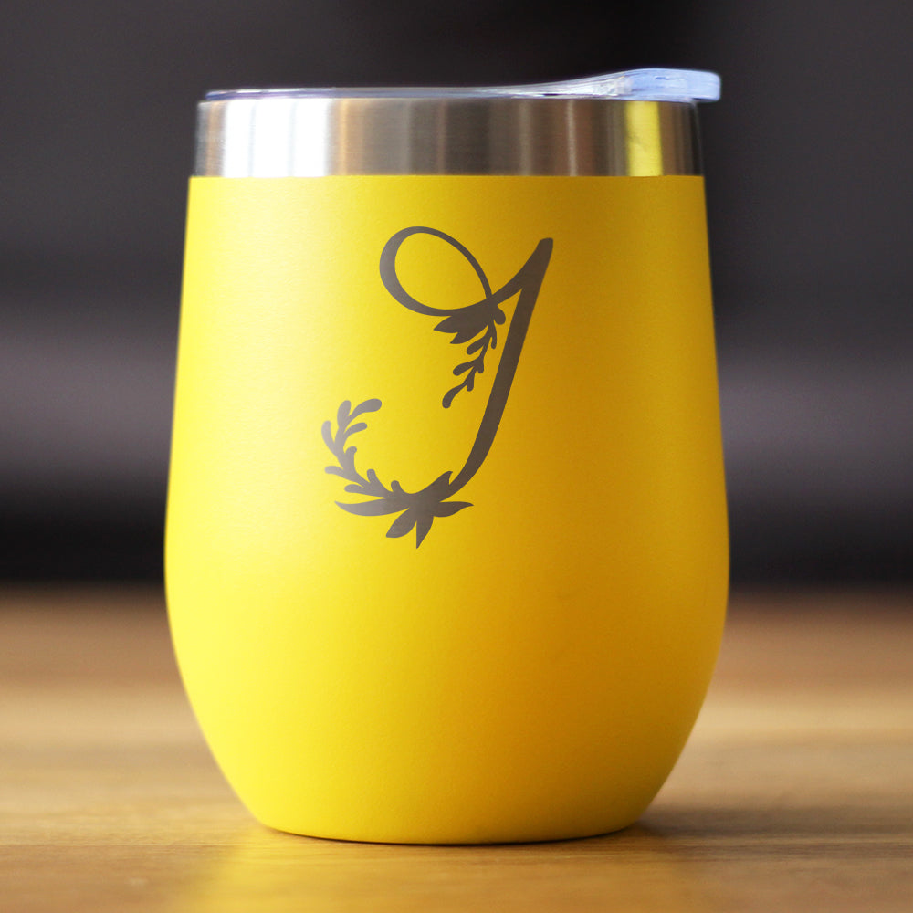 Wine tumbler bevvee Monogram Floral Initial J in bright yellow with floral monogram, clear lid on Tampa Home & Garden Store