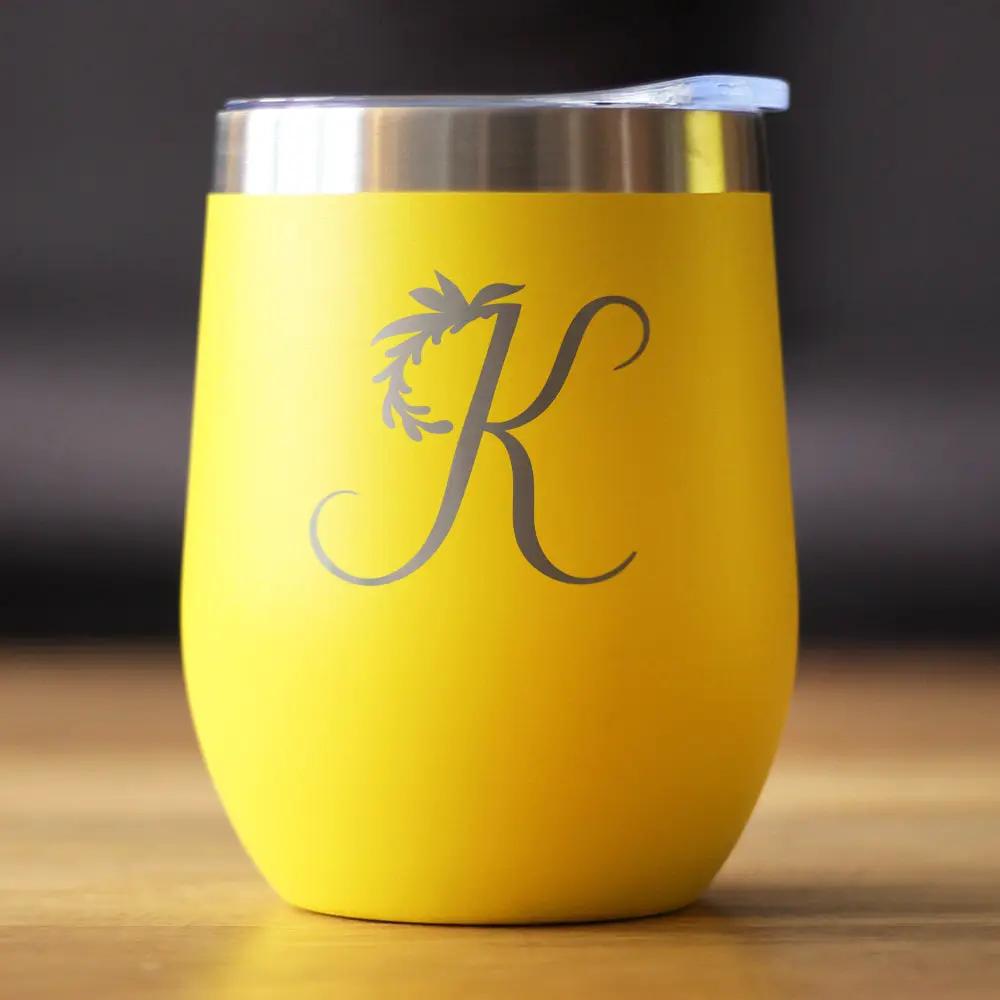 BevVee Monogram Floral K 12oz wine tumbler yellow matte finish with metal rim on Tampa Home & Garden Store