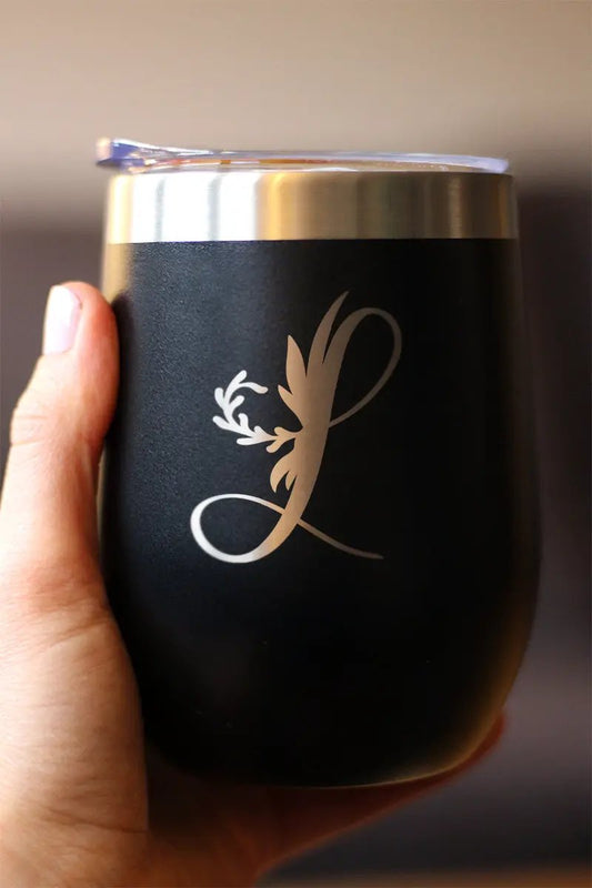 Monogram Floral Initial L wine tumbler, black matte stainless with silver rim on Tampa Home & Garden Store