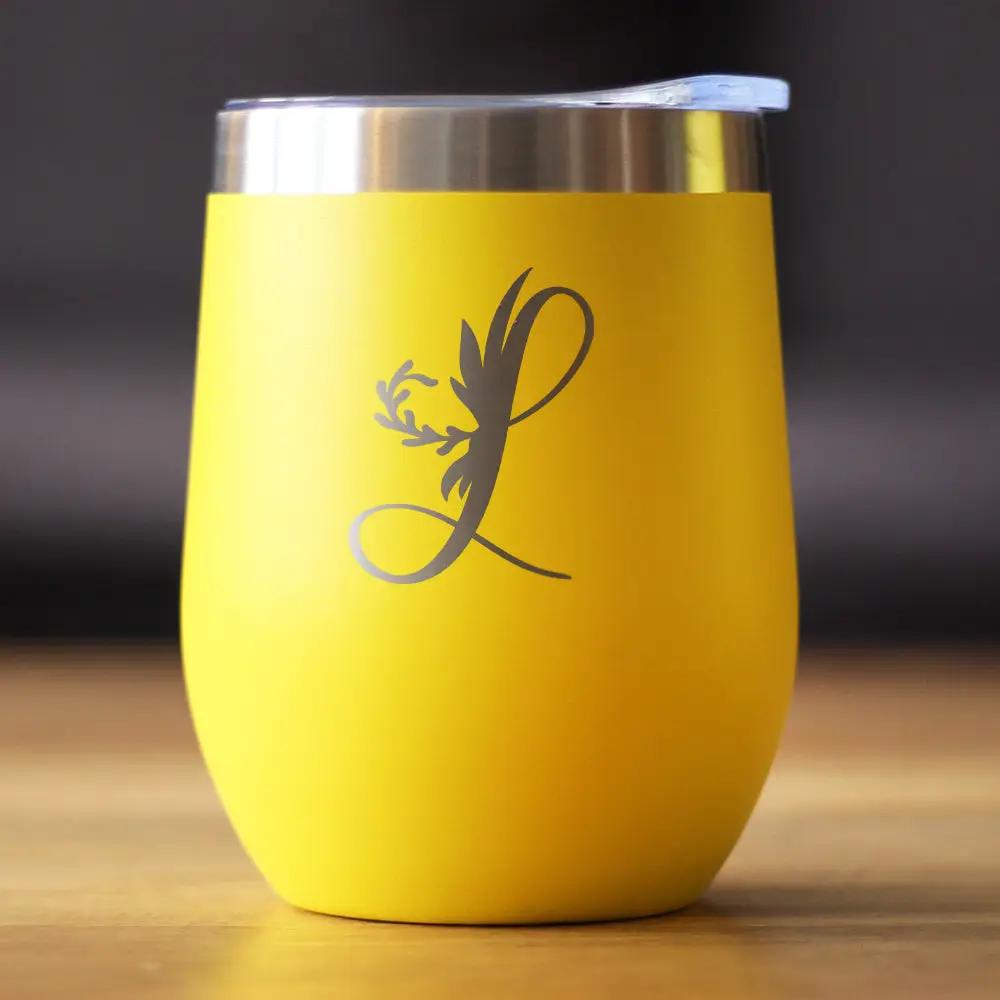 Wine tumbler bevvee Monogram Floral L in yellow with silver rim on Tampa Home & Garden Store