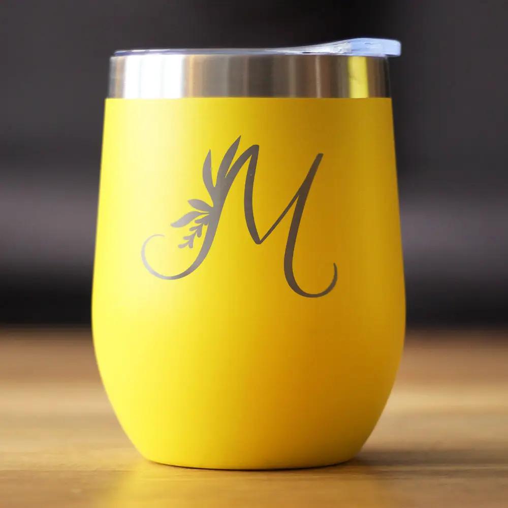 Monogram Floral M wine tumbler bevvee, yellow with silver rim, 12 oz on Tampa Home & Garden Store