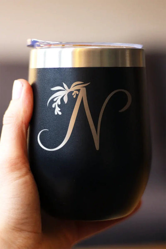 Wine tumbler bevvee Monogram Floral Initial N with floral accent on black matte stainless steel on Tampa Home & Garden Store
