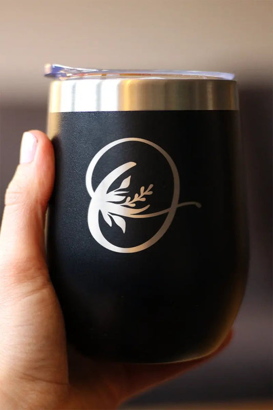 Monogram Floral Initial O wine tumbler by bevvee, black matte finish with silver lid on Tampa Home & Garden Store