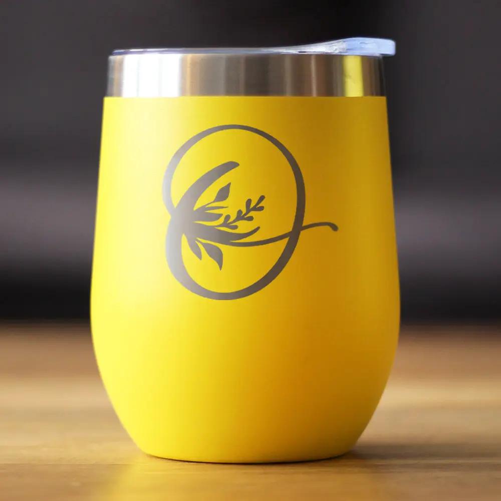 Monogram Floral Initial O wine tumbler bevvee yellow with black circular floral design on Tampa Home & Garden Store