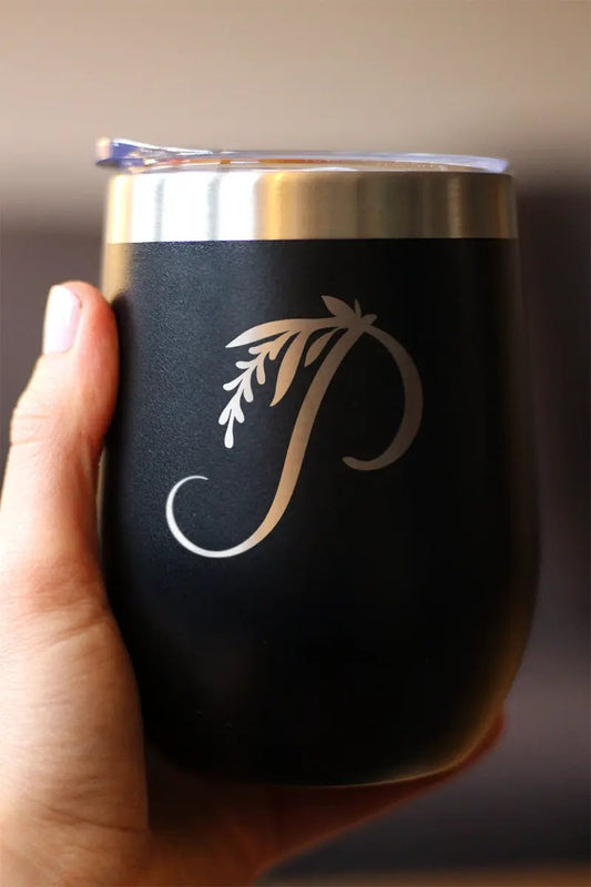 bevvee Monogram Floral Initial P 12oz wine tumbler, black with silver lid on Tampa Home & Garden Store