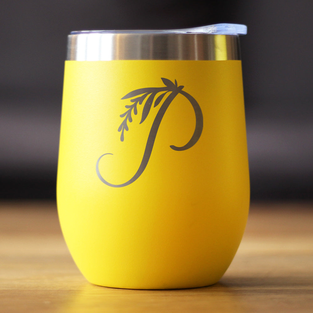 Monogram Floral Initial P 12oz Wine Tumbler by bevvee, yellow with clear lid on Tampa Home & Garden Store