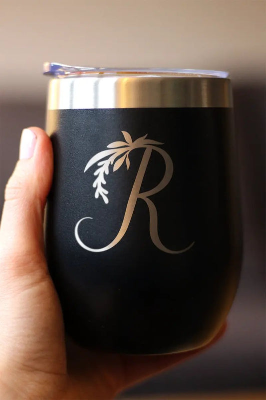 Monogram Floral Initial R Stemless Wine Tumbler, black 12oz with silver rim on Tampa Home & Garden Store