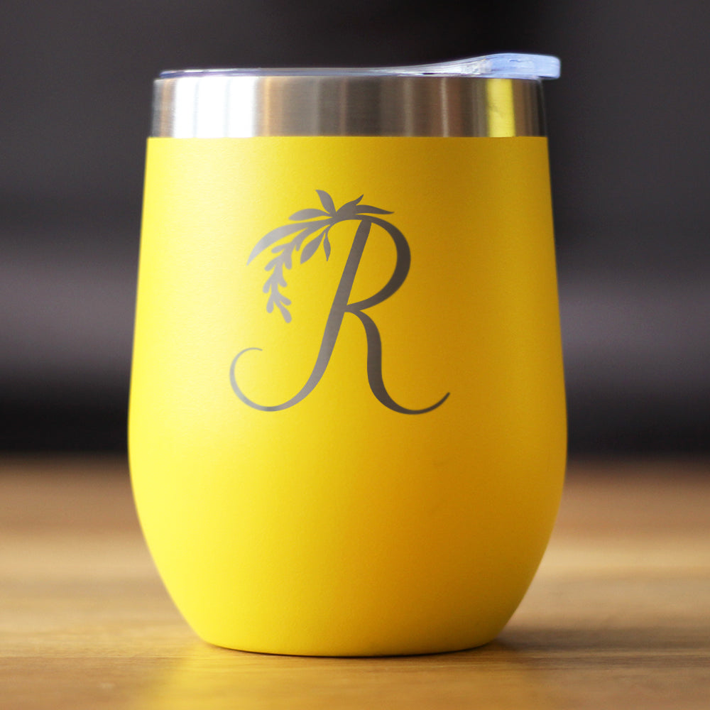 Monogram Initial R stemless wine tumbler in yellow with gray R palm leaf on Tampa on Tampa Home & Garden Store