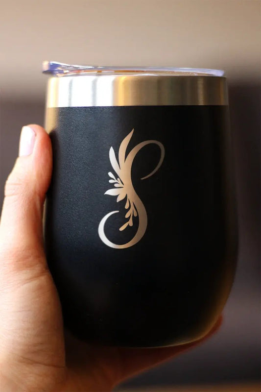 Wine Tumbler bevvee Monogram Floral Initial S, black matte body with silver lid on Tampa Home & Garden Store