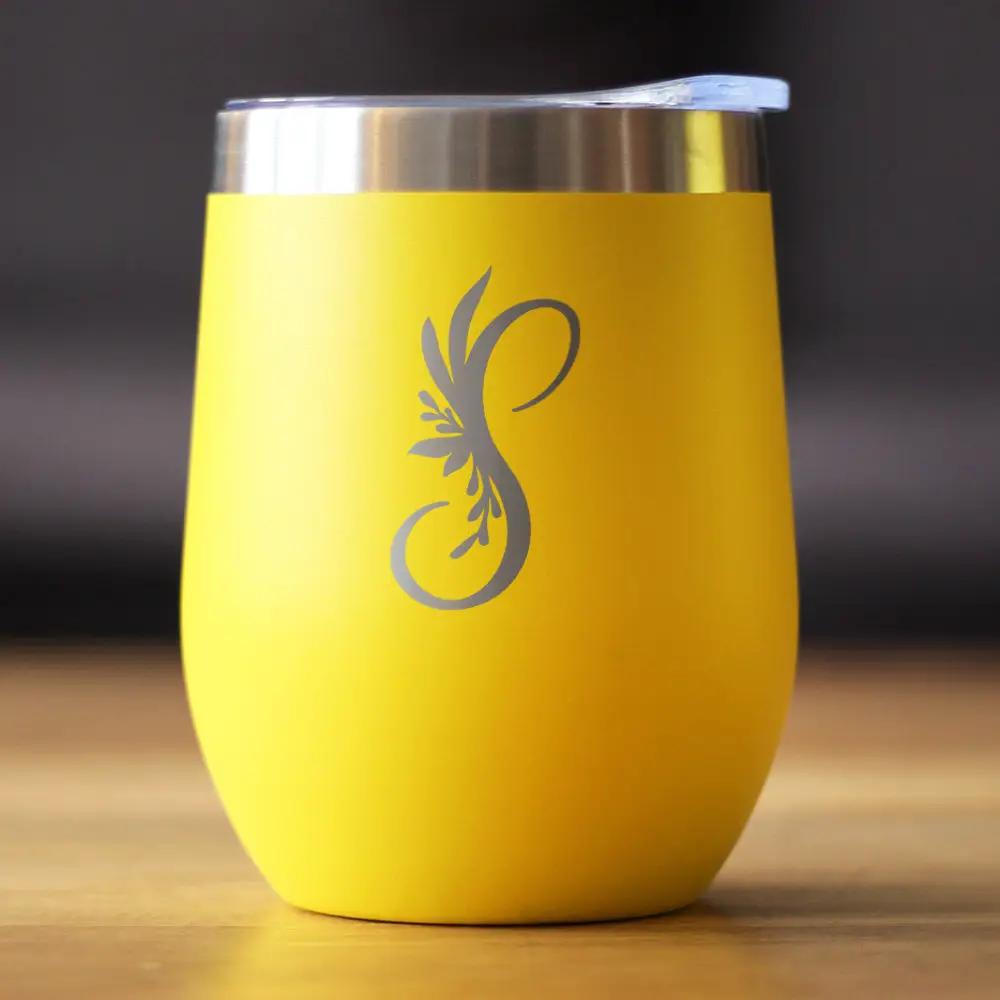 Monogram Floral Initial S wine tumbler yellow bevvee with clear lid on Tampa Home & Garden Store
