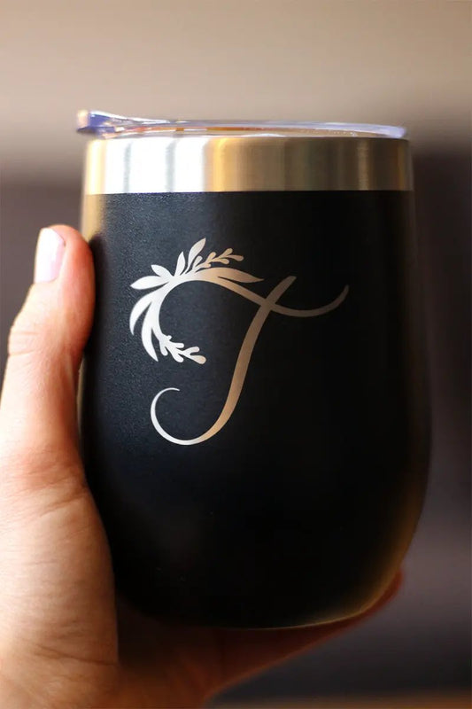 Monogram Floral Initial Letter T Wine Tumbler black matte with silver T monogram on Tampa Home & Garden Store