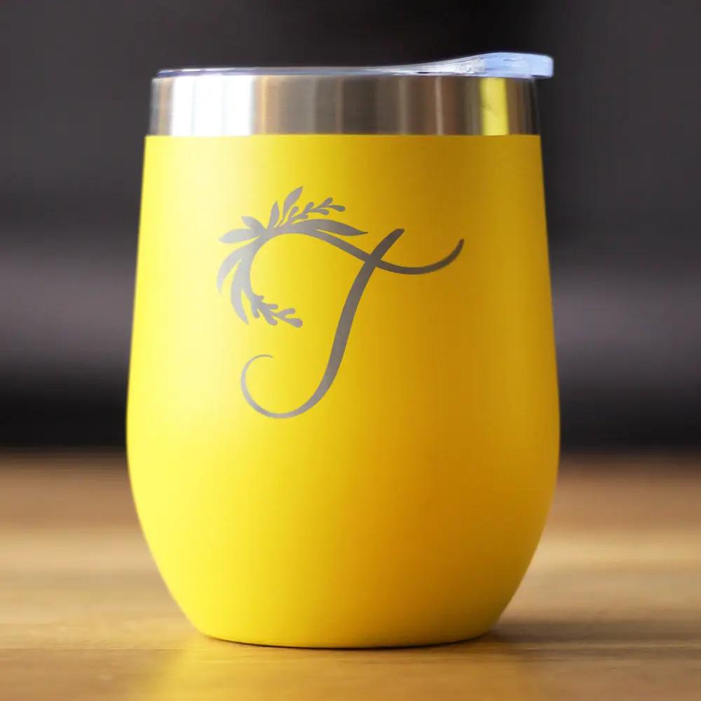 Monogram Floral Initial T Wine Tumbler yellow with silver rim bevvee on Tampa Home & Garden Store