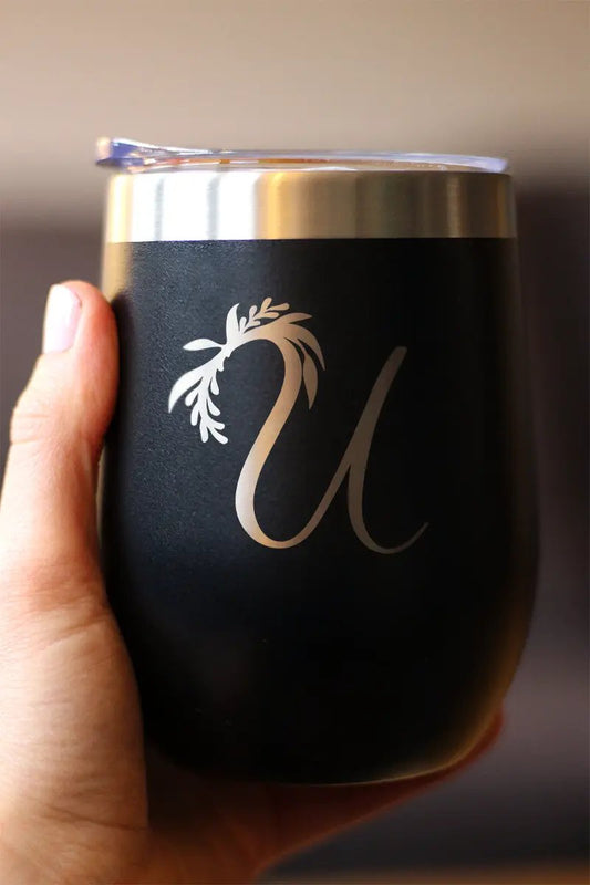Wine tumbler bevvee 12oz black matte with silver floral U monogram and sliding lid on Tampa Home & Garden Store