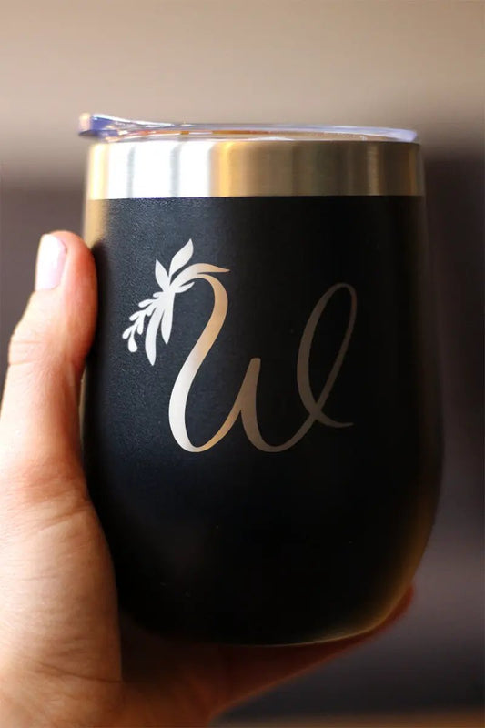 Monogram Floral Initial W stemless wine tumbler in black with silver W and palm accent on Tampa Home & Garden Store