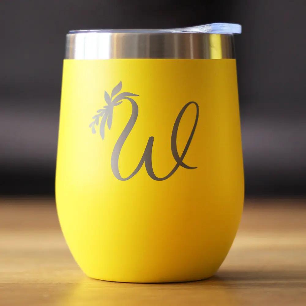 Monogram Floral Initial W stemless wine tumbler in bright yellow with metallic lip on Tampa Home & Garden Store